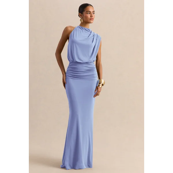 Umaira | Robe longue bleu poudré à encolure montante