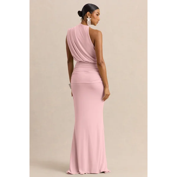 Umaira | Robe longue rose clair à col montant asymétrique