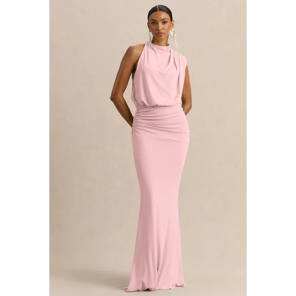 Umaira | Robe longue rose clair à col montant asymétrique
