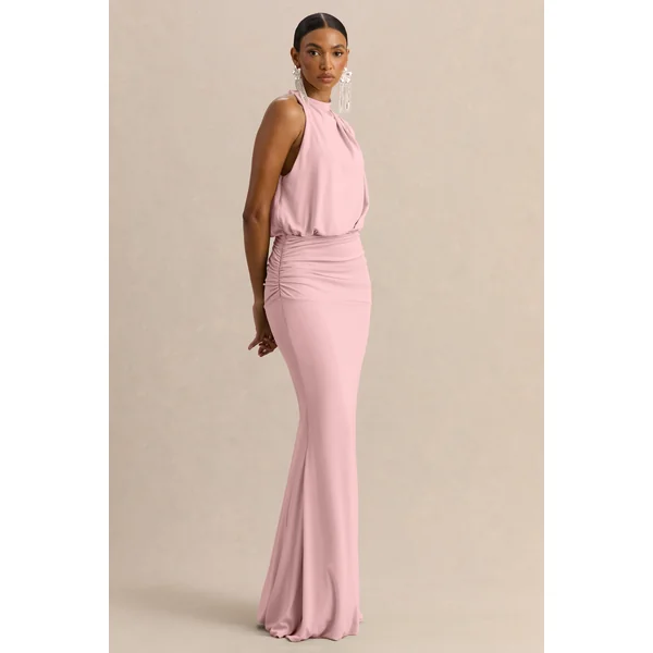 Umaira | Robe longue rose clair à col montant asymétrique