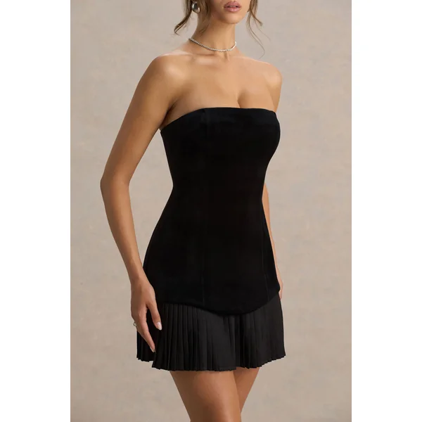 Valentina | Mini-robe en velours noir à encolure bandeau avec jupe plissée