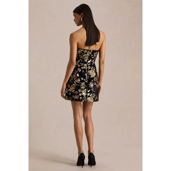 Valeri | Mini-robe en velours noir à encolure bandeau et sequins floraux bronze