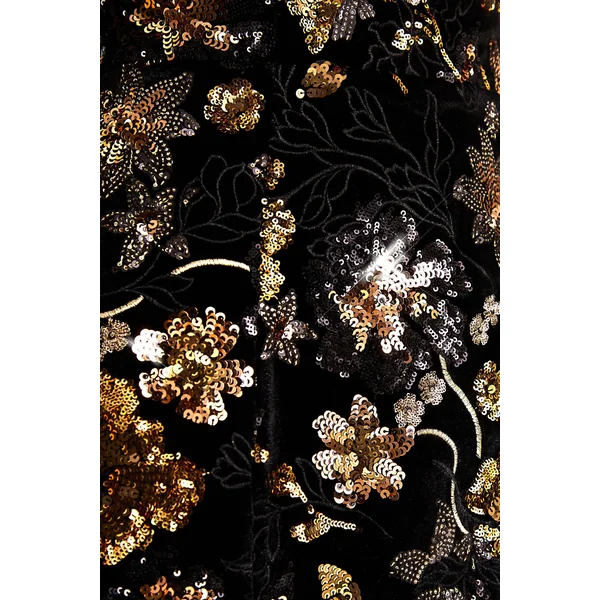 Valeri | Mini-robe en velours noir à encolure bandeau et sequins floraux bronze