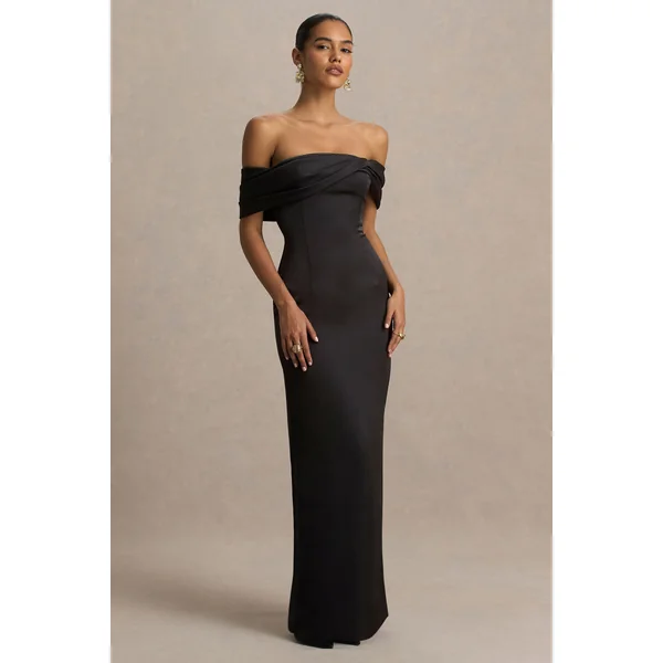 Valeria | Robe Longue en Satin Noir à Encolure Bardot Torsadée