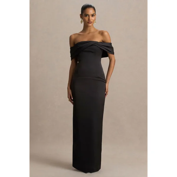 Valeria | Robe Longue en Satin Noir à Encolure Bardot Torsadée