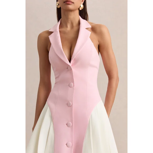Valetta | Mini-robe tailleur rose clair à encolure plongeante