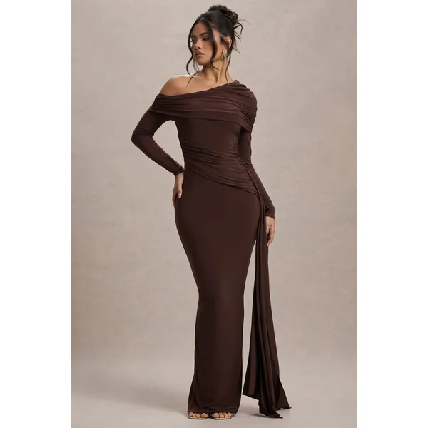 Valina | Robe longue froncée asymétrique marron avec drapé