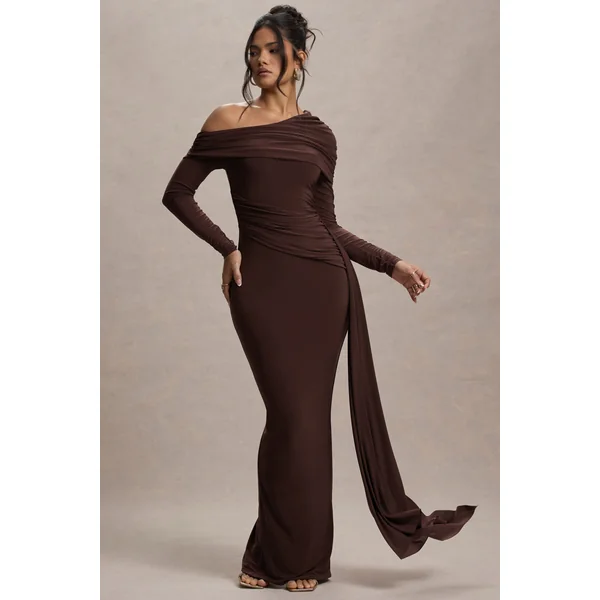 Valina | Robe longue froncée asymétrique marron avec drapé