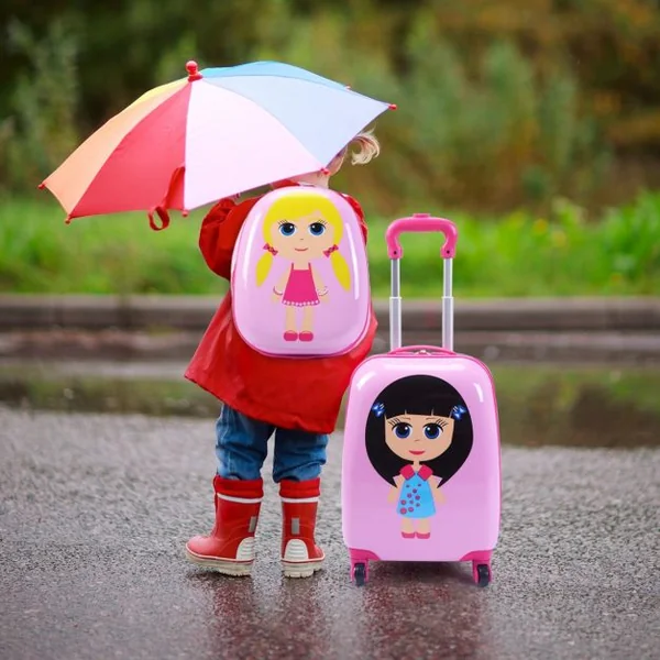 Valise 16 ’’ et Sac à Dos 12 ’’ pour Enfants Lot de 2 Bagages à Main avec Roulettes en PC avec Motif Fille Rose