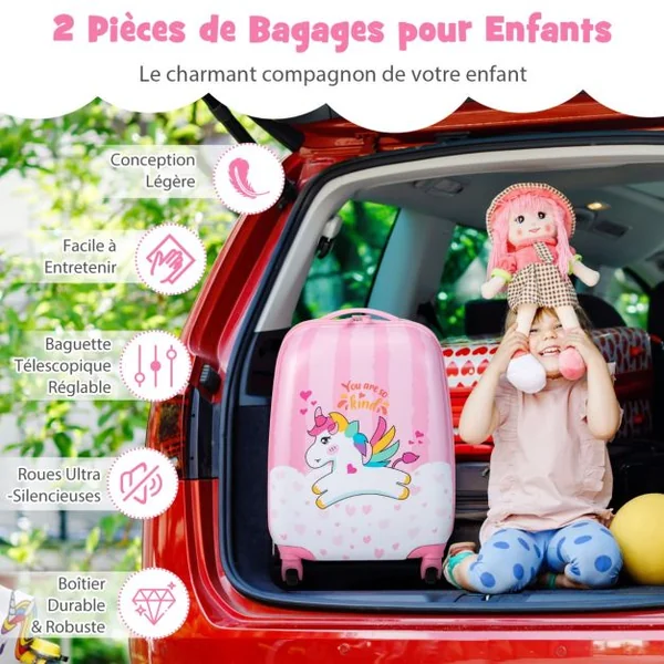 Valise 16 ’’ et Sac à Dos 12 ’’ pour Enfants Lot de 2 Bagages à Main avec Roulettes en PC et Abs avec Motif Licorne
