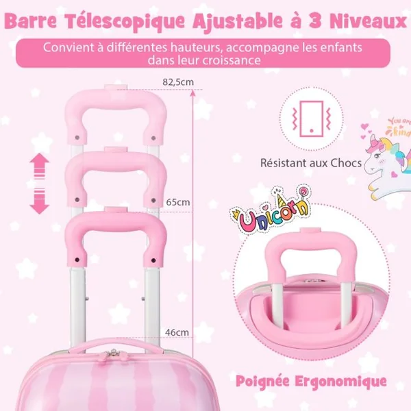 Valise 16 ’’ et Sac à Dos 12 ’’ pour Enfants Lot de 2 Bagages à Main avec Roulettes en PC et Abs avec Motif Licorne