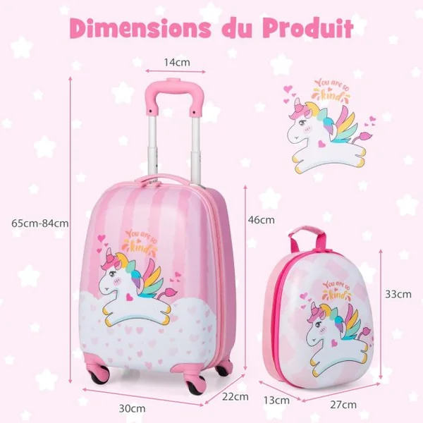 Valise 16 ’’ et Sac à Dos 12 ’’ pour Enfants Lot de 2 Bagages à Main avec Roulettes en PC et Abs avec Motif Licorne