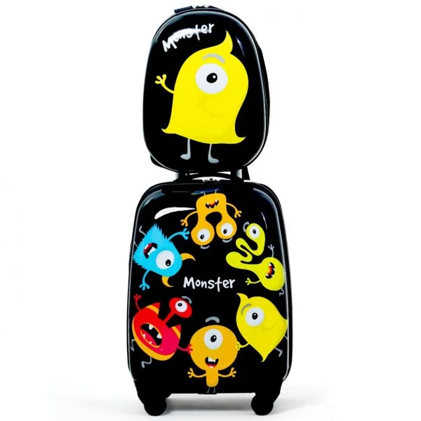 Valise 16’’ et Sac à Dos 12’’ pour Enfants Lot de 2 Bagages à Main avec Roulettes en PC et ABS avec Motif Petit Monstre