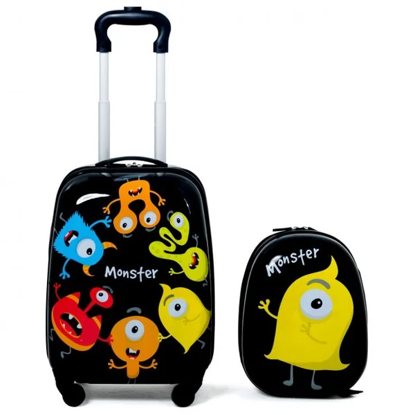 Valise 16’’ et Sac à Dos 12’’ pour Enfants Lot de 2 Bagages à Main avec Roulettes en PC et ABS avec Motif Petit Monstre