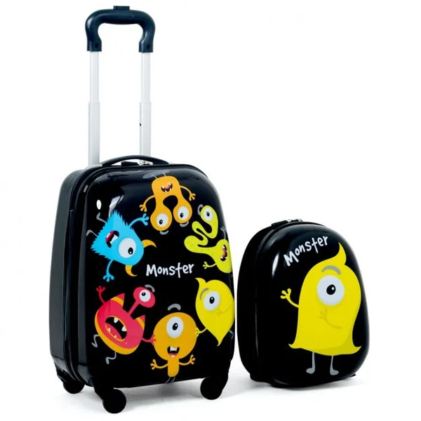 Valise 16’’ et Sac à Dos 12’’ pour Enfants Lot de 2 Bagages à Main avec Roulettes en PC et ABS avec Motif Petit Monstre
