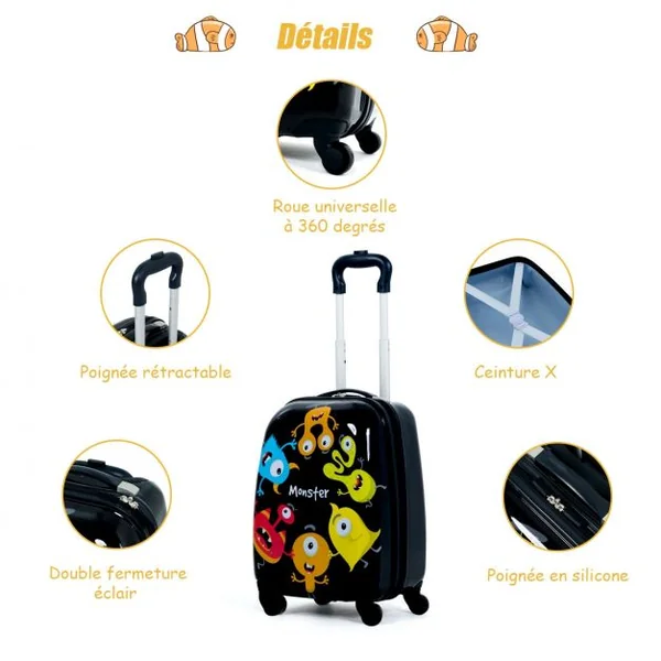Valise 16’’ et Sac à Dos 12’’ pour Enfants Lot de 2 Bagages à Main avec Roulettes en PC et ABS avec Motif Petit Monstre