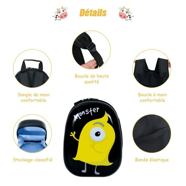 Valise 16’’ et Sac à Dos 12’’ pour Enfants Lot de 2 Bagages à Main avec Roulettes en PC et ABS avec Motif Petit Monstre