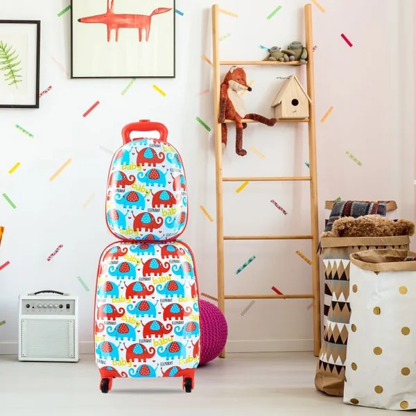 Valise 16 ’’ et sac à dos 12 ’’ pour enfants Lot de 2 bagages à main avec roulettes en PC et ABS avec Motif éléphant