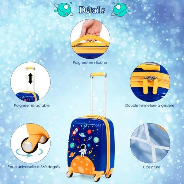 Valise Enfant 18" et Sac à Dos 12" Bagages à Main à Motif Astronaute avec 4 Roulettes Poignée Réglable Bleu Foncé