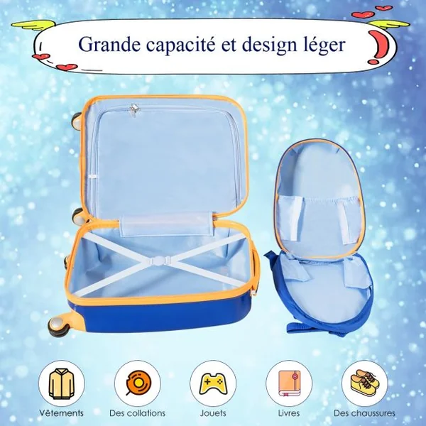 Valise Enfant 18" et Sac à Dos 12" Bagages à Main à Motif Astronaute avec 4 Roulettes Poignée Réglable Bleu Foncé