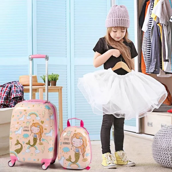 Valise Enfant 18" et Sac à Dos 12" Bagages à Main à Motif Sirène avec 4 Roulettes Poignée Réglable Rose