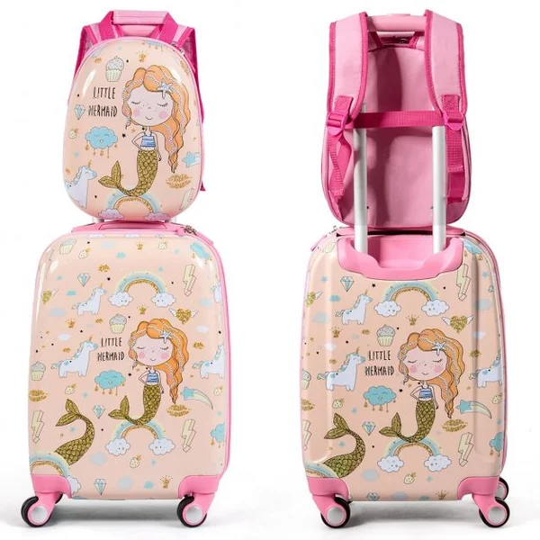 Valise Enfant 18" et Sac à Dos 12" Bagages à Main à Motif Sirène avec 4 Roulettes Poignée Réglable Rose