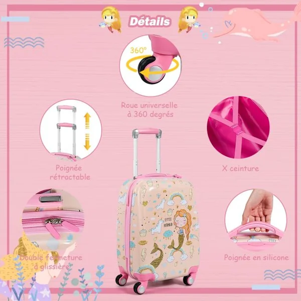 Valise Enfant 18" et Sac à Dos 12" Bagages à Main à Motif Sirène avec 4 Roulettes Poignée Réglable Rose