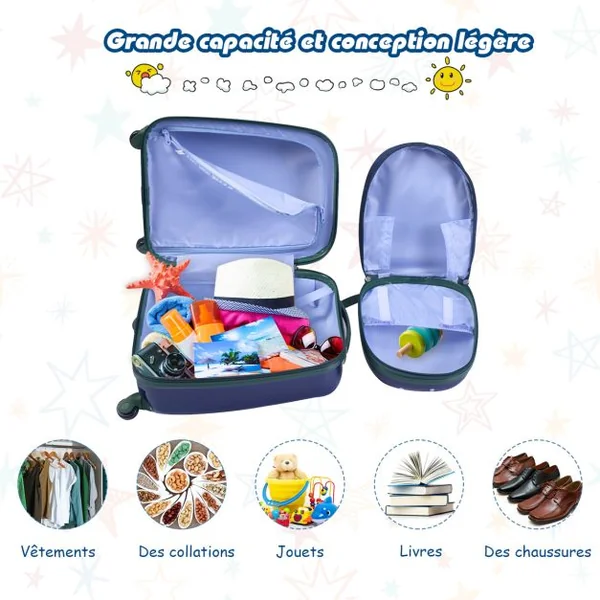 Valise Enfant+ Sac à Dos Bagage Trolley à Roulettes pour Enfant Motif Animaux Idéal pour Voyage avec Enfant