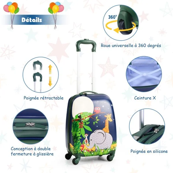 Valise Enfant+ Sac à Dos Bagage Trolley à Roulettes pour Enfant Motif Animaux Idéal pour Voyage avec Enfant