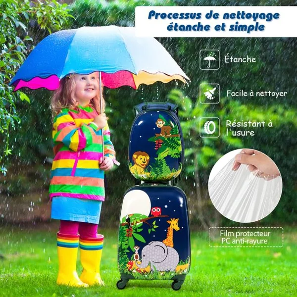 Valise Enfant+ Sac à Dos Bagage Trolley à Roulettes pour Enfant Motif Animaux Idéal pour Voyage avec Enfant