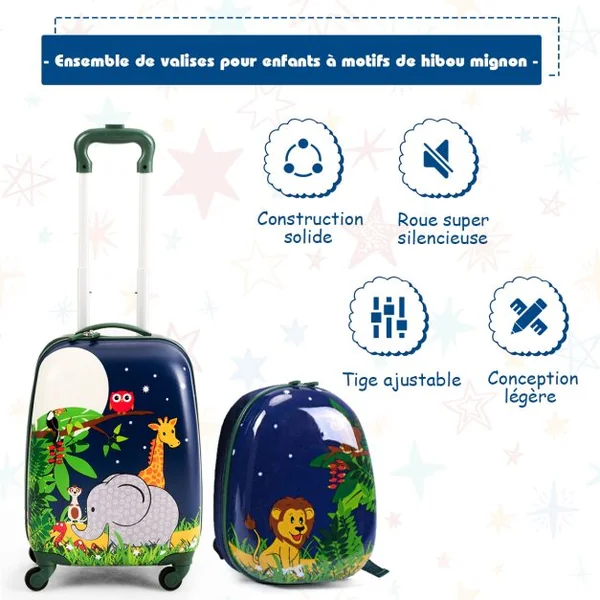 Valise Enfant+ Sac à Dos Bagage Trolley à Roulettes pour Enfant Motif Animaux Idéal pour Voyage avec Enfant