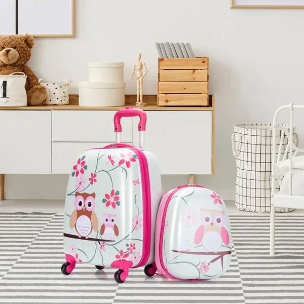 Valise Enfant + Sac à Dos Bagage Trolley à Roulettes pour Enfant Motif Hibou en ABS Robuste