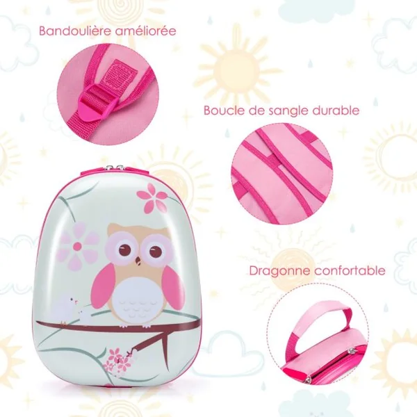 Valise Enfant + Sac à Dos Bagage Trolley à Roulettes pour Enfant Motif Hibou en ABS Robuste