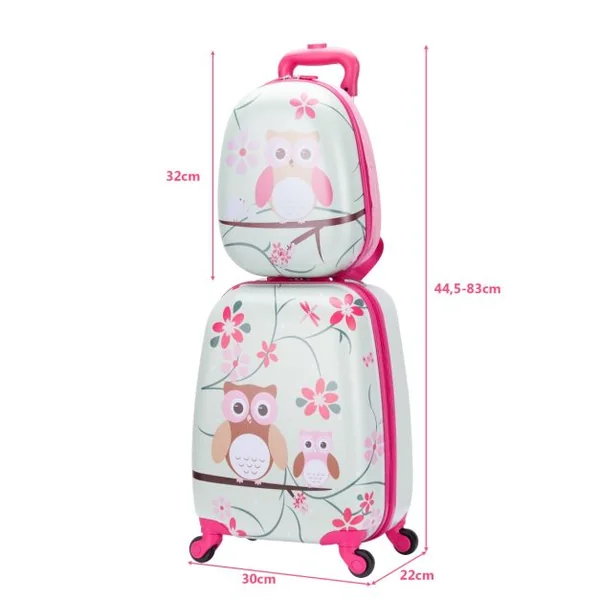 Valise Enfant + Sac à Dos Bagage Trolley à Roulettes pour Enfant Motif Hibou en ABS Robuste