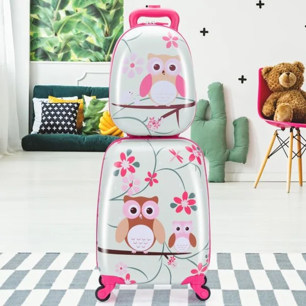 Valise Enfant + Sac à Dos Bagage Trolley à Roulettes pour Enfant Motif Hibou en ABS Robuste