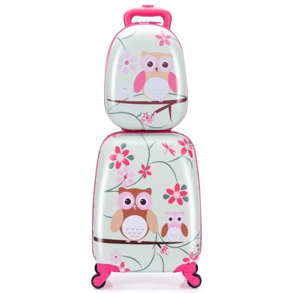 Valise Enfant + Sac à Dos Bagage Trolley à Roulettes pour Enfant Motif Hibou en ABS Robuste