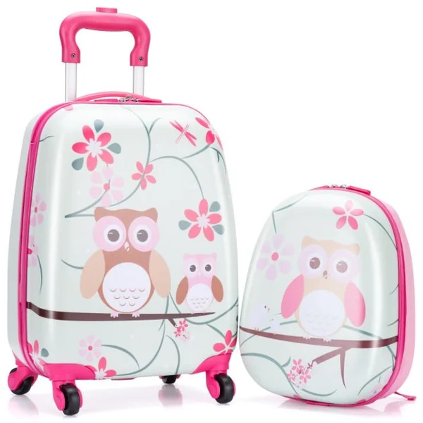 Valise Enfant + Sac à Dos Bagage Trolley à Roulettes pour Enfant Motif Hibou en ABS Robuste