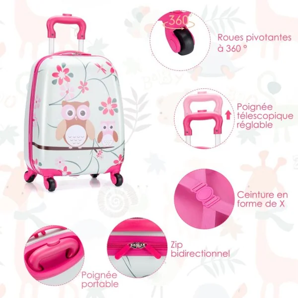 Valise Enfant + Sac à Dos Bagage Trolley à Roulettes pour Enfant Motif Hibou en ABS Robuste