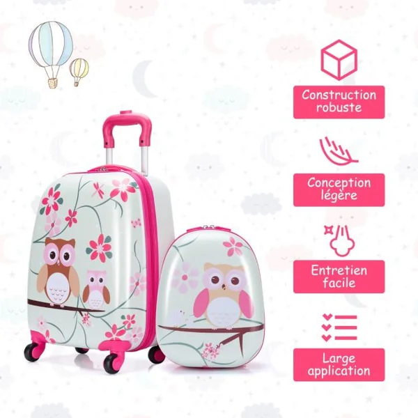 Valise Enfant + Sac à Dos Bagage Trolley à Roulettes pour Enfant Motif Hibou en ABS Robuste