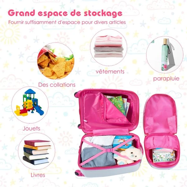 Valise Enfant + Sac à Dos Bagage Trolley à Roulettes pour Enfant Motif Hibou en ABS Robuste