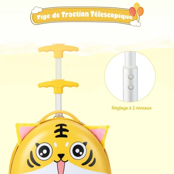 Valise Enfants à Roulettes 16’’ avec Roues Lumineuses Bagages Enfant avec Poignée Rétractable 68,5-83,5CM Tigre