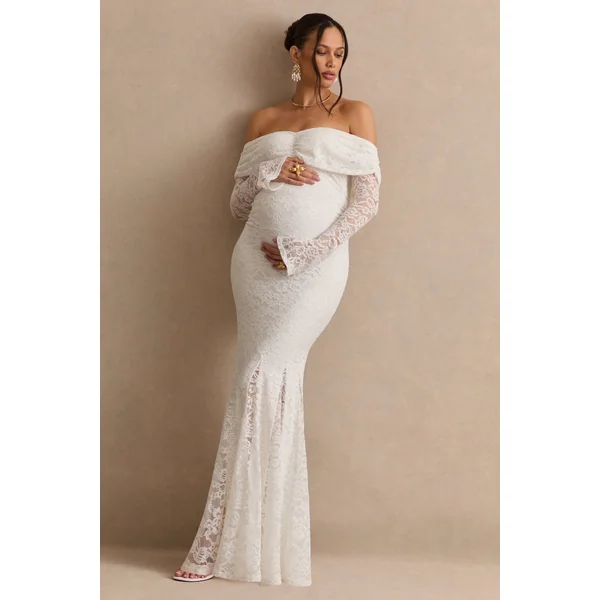 Valleria | Robe longue de maternité en dentelle blanche à décolleté Bardot