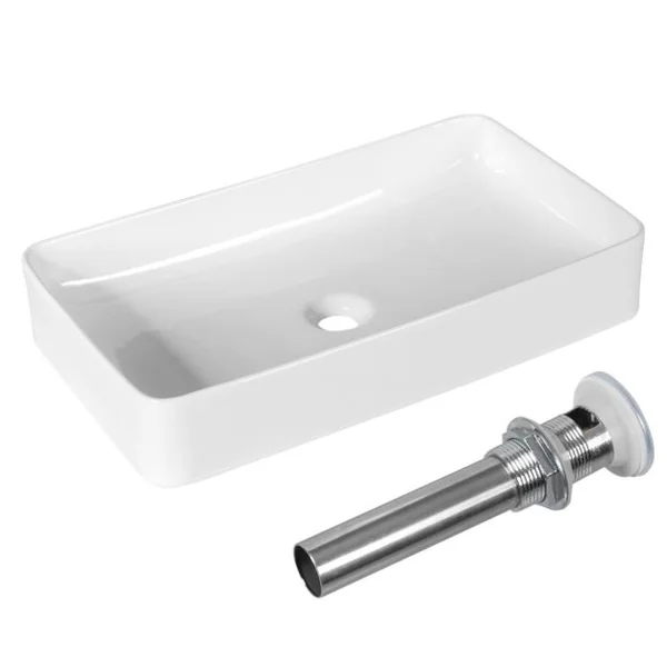 Vasque à Poser Lavabo Salle de Bain 60 x 35 cm avec Vidange Escamotable Conception de Glaçure en Porcelaine Blanche Blanc