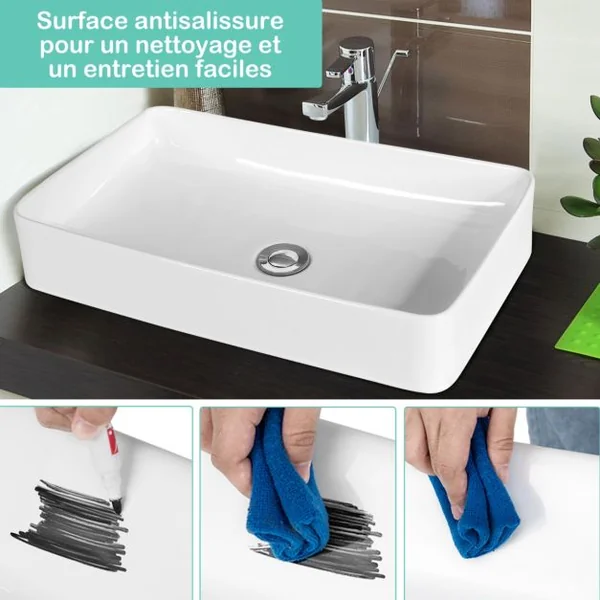 Vasque à Poser Lavabo Salle de Bain 60 x 35 cm avec Vidange Escamotable Conception de Glaçure en Porcelaine Blanche Blanc