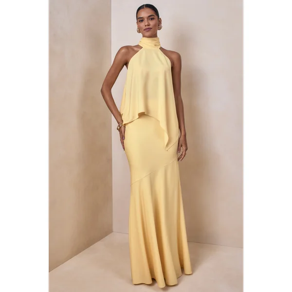Vayla | Jupe longue asymétrique taille basse en satin mat citron