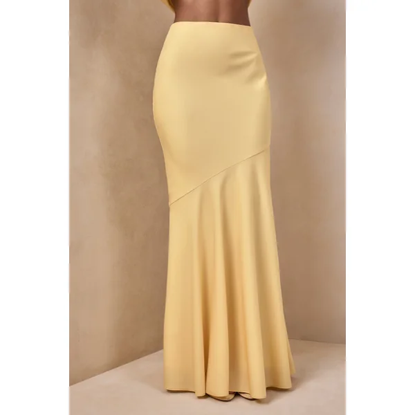 Vayla | Jupe longue asymétrique taille basse en satin mat citron