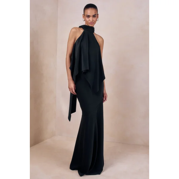 Vayla | Jupe longue en satin mat noir à taille basse asymétrique