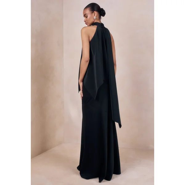 Vayla | Jupe longue en satin mat noir à taille basse asymétrique