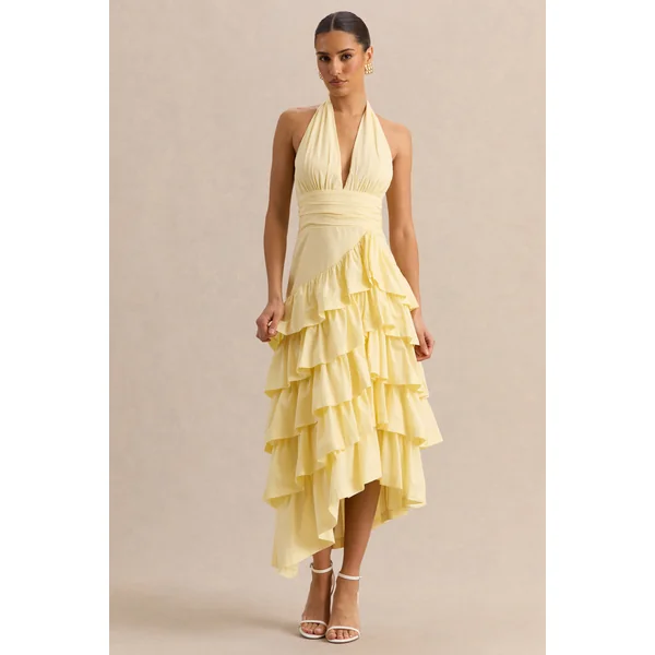 Velora | Robe mi-longue citron asymétrique avec jupe à volants superposés