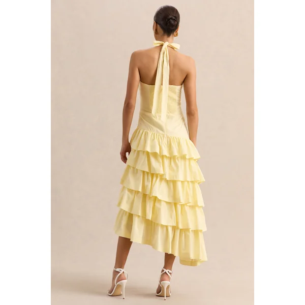 Velora | Robe mi-longue citron asymétrique avec jupe à volants superposés